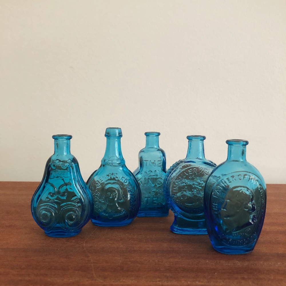 Set of 5 Vintage Mini Pressed Cobalt Bottl…